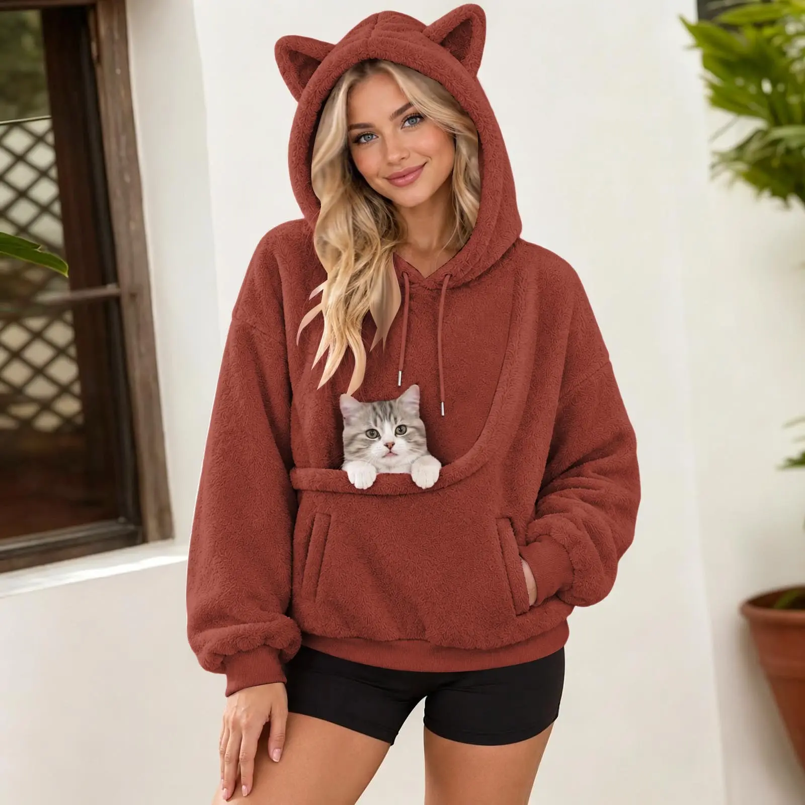 Autumn and Winter Ladies Cat Ears Hooded Sweater Pet Kangaroo Pocket Coral Fleece Pullover Casual Top