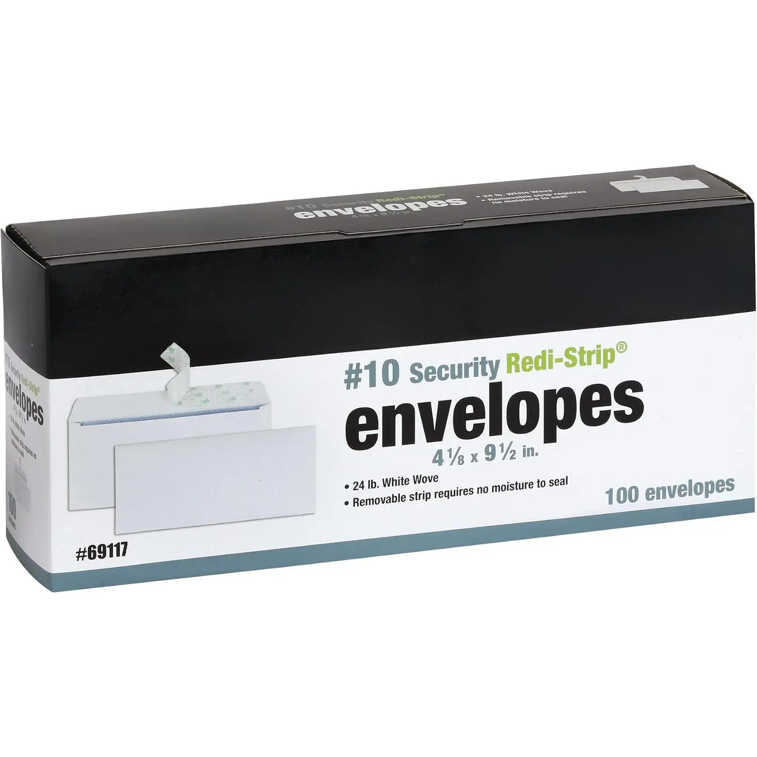 Rectangular 24lb Paper Sealed Envelopes, No Window, Redi-Strip Self-Seal, White Wove, 4-1/8" x 9-1/2", 100 per Box