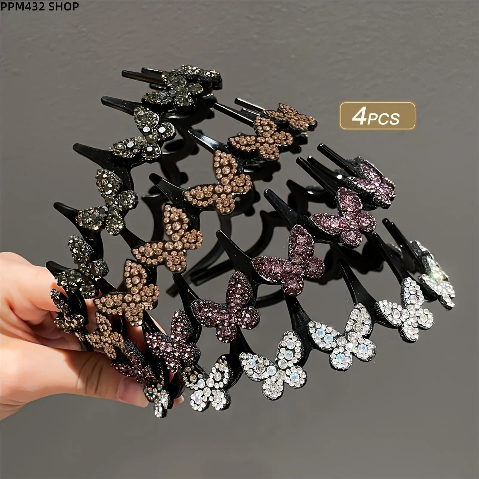 4Pcs Elegant Wavy Butterfly Crystal Sports Headband - Unisex Non-Slip Plastic Hair Accessory, Lightweight Durable Sparkling Decor, Ideal for Wedding Party & Daily Casual Styling, Hair Accessories