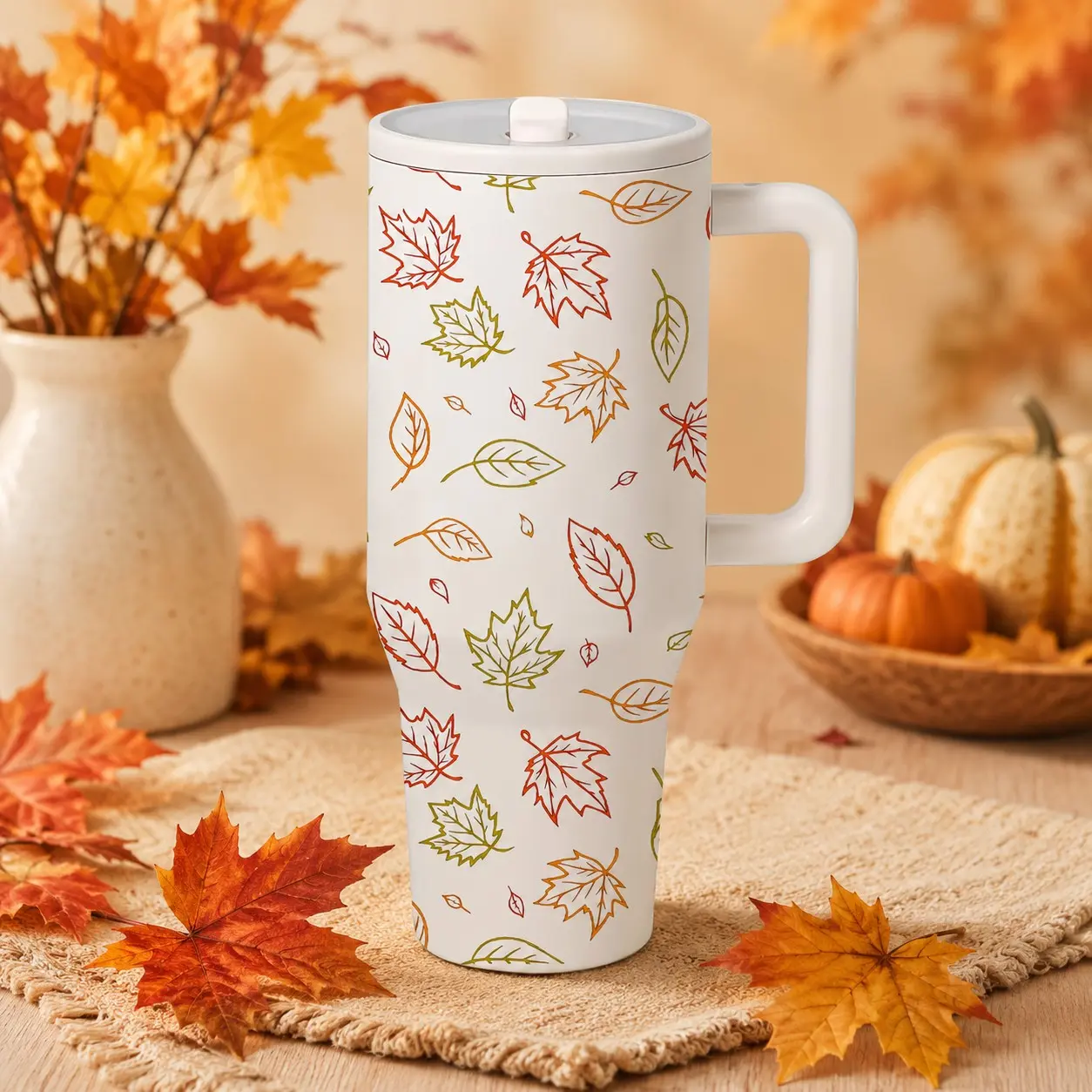 40oz Fall Maple Leaf Insulated Tumbler with Handle and Lid, Autumn Pumpkin Travel Water Cup, autumn maple leaves and pumpkin Stainless Steel Coffee Cup for Car, Office, Outdoor, Thanksgiving Birthday Gift for Women