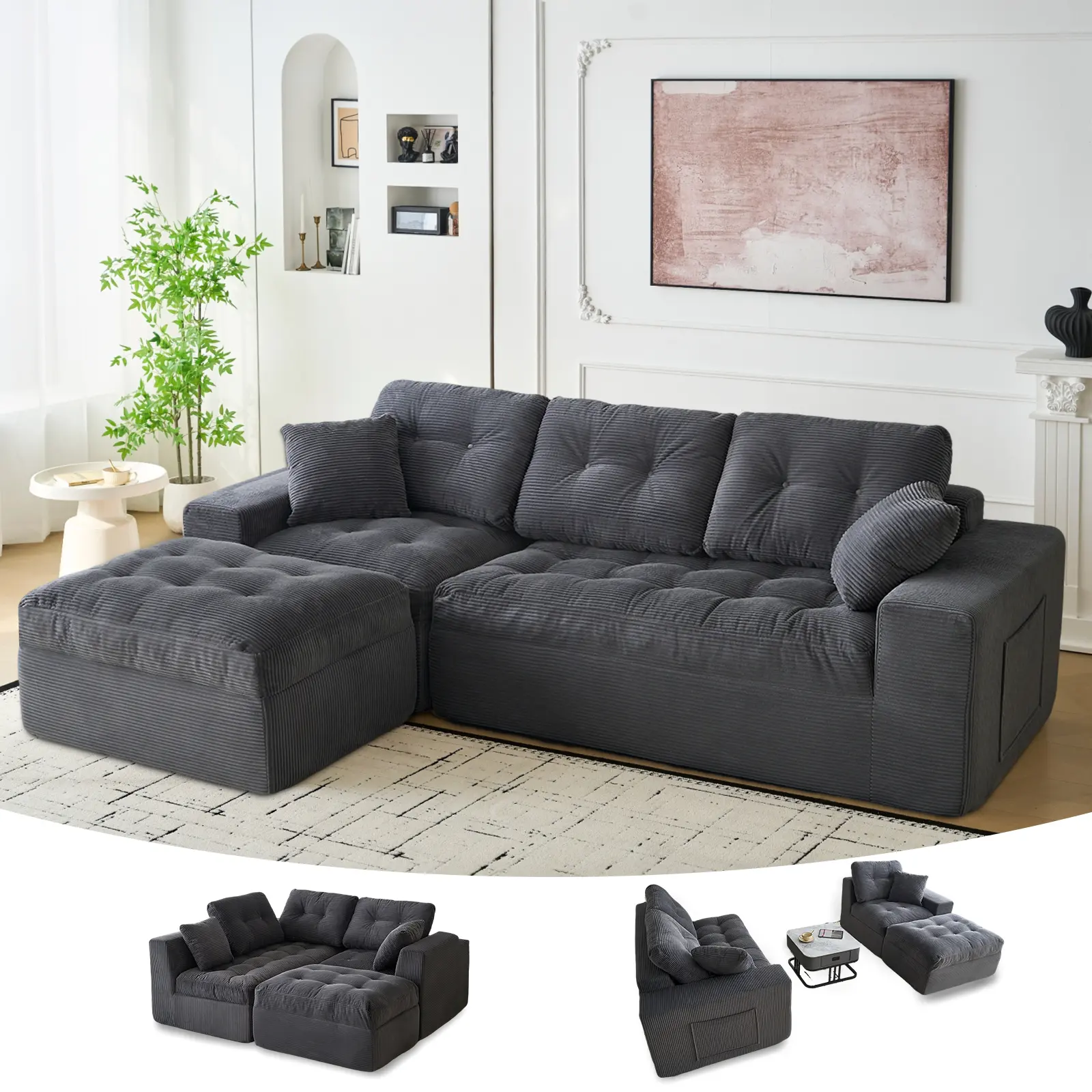 104" L-Shaped Modular Sectional Sofa with Ottoman, Cloud Boneless Couch with Deep Seat and Side Pockets, Comfy Corduroy Upholstered Cloud Couches for Living Room, Bedroom, No Assembly Required