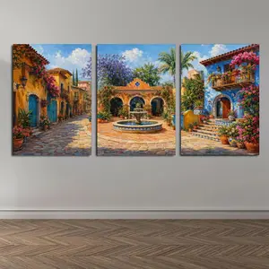 Mediterranean Courtyard Triptych Wall Art - Colorful Spanish Style Village Canvas Poster, Framed Canvas Wrap or Unframed Option for Living Room, Bedroom