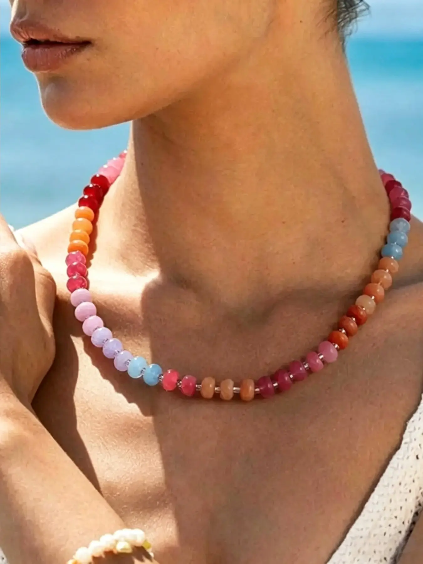 Colorful candy bead choker necklace for women, mixed natural stone disc bead neck chain, gold toggle clasp boho jewelry, European holiday beach party accessories, sweet rainbow stackable neck wear, gift for vacation dating outfit matching