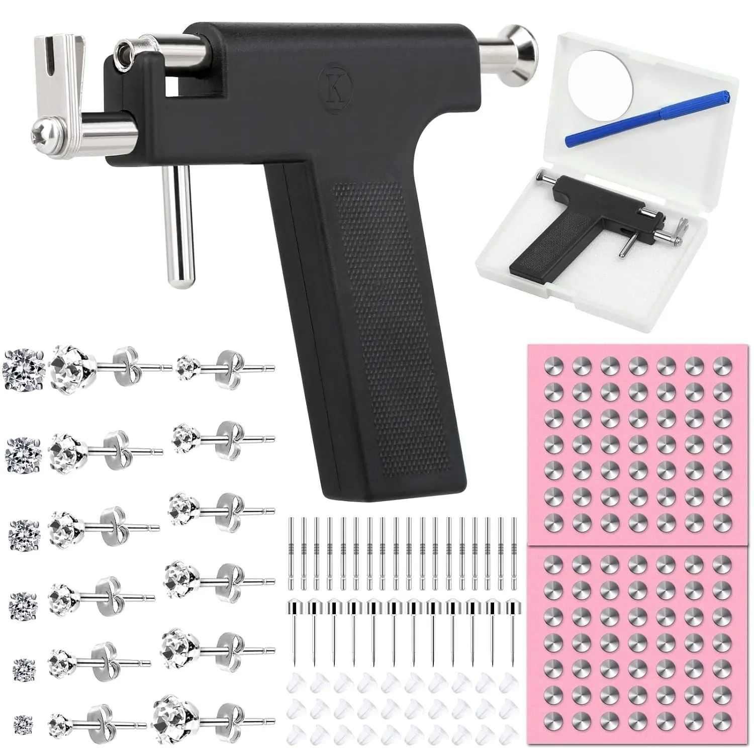 Professional Reusable Ear Piercing Gun Kit with Stainless Steel Piercing Earrings Studs & Crystal Earrings for At-Home Salon Earlobe Cartilage Helix Tragus Piercing Tool Kit