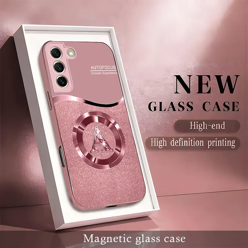 Personalized Initial Letter Rhinestone Magnetic Case for Galaxy S21 Fe 5g, Luxury Glitter Glass Cover with Lanyard Wrist Strap  ----975