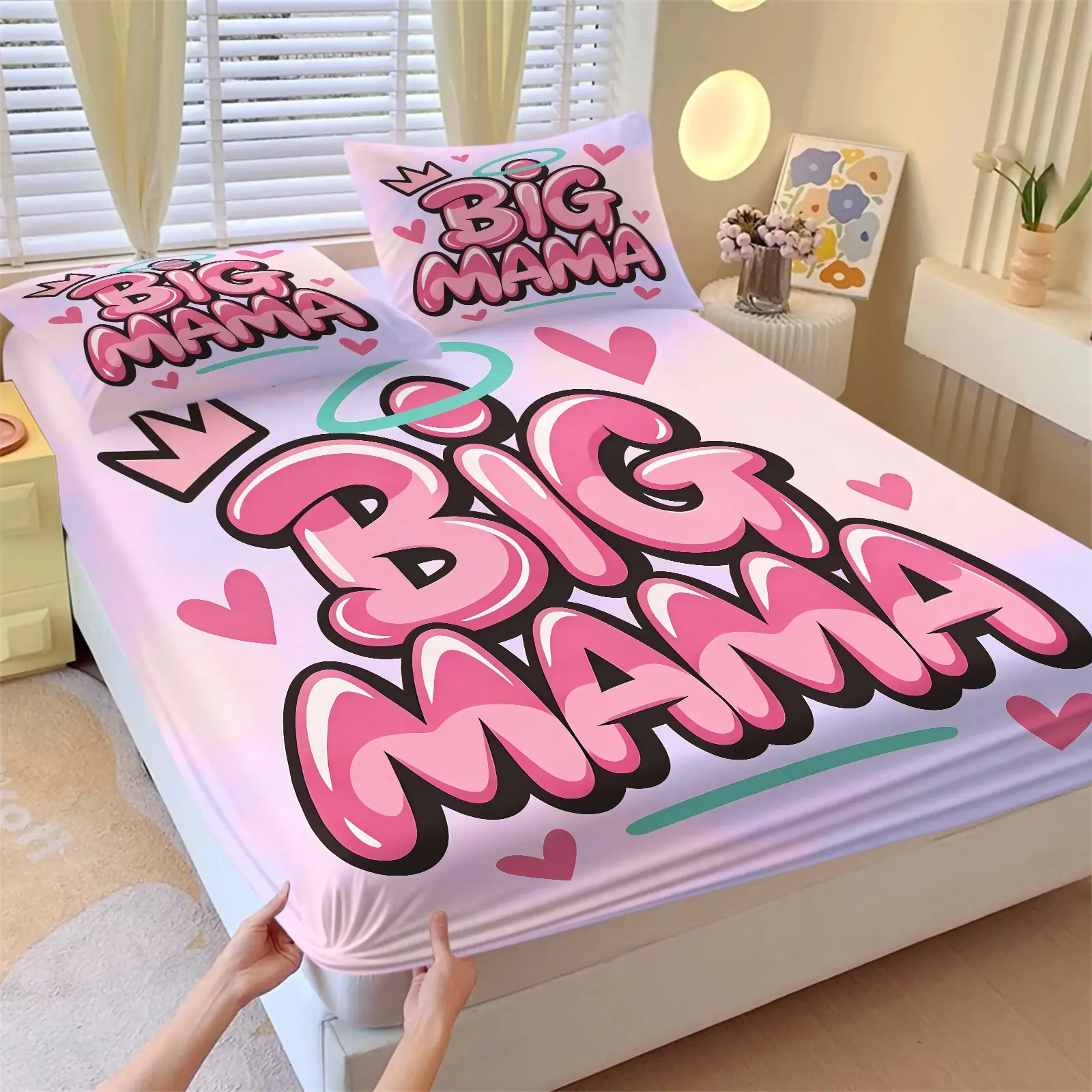 3PCS Pink BIG MAMA Fitted Sheet Set,1 Fitted Sheet + 2 Pillowcases,Soft Anti-Slip Anti-Wrinkle Bedding, Cute Graffiti Hearts Crown Print, Sweet Street Style Bedroom Decor, Cozy Comfortable, Gift For Teens Women, Cute Sheets