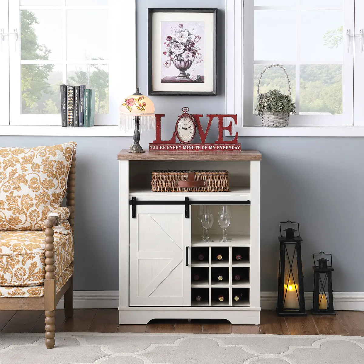 Rustic Farmhouse Storage Cabinet with Sliding Barn Door, Wine Shelf, Double Cross Design, Engineered Wood, Sturdy Base - Small Indoor Cupboard for Kitchen, Living Room (Rustic Oak with Antique White)