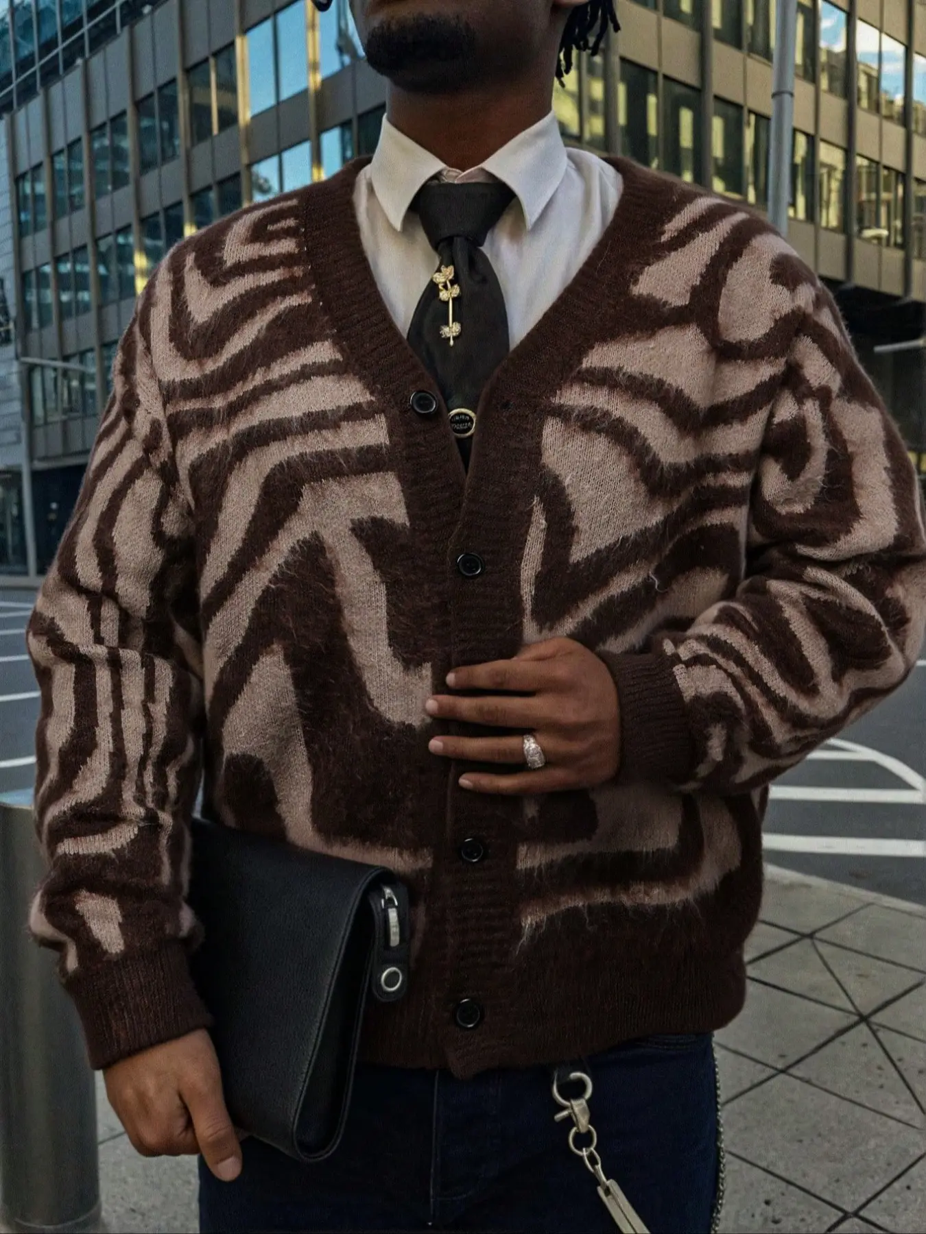 Classic Long Sleeve V Neck Cardigan, Casual Fitted Button Front, Zebra Stripe Print, Spring & Fall Men's Fashion, Perfect Gift for Partner, Knitwear, Menswear