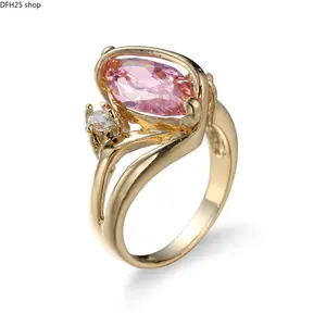 Pink Gemstone Statement Ring for Women Daily Wear, Adjustable Gold Tone Alloy Band with Sparkling Crystal Design for Casual Styling and Special Occasions