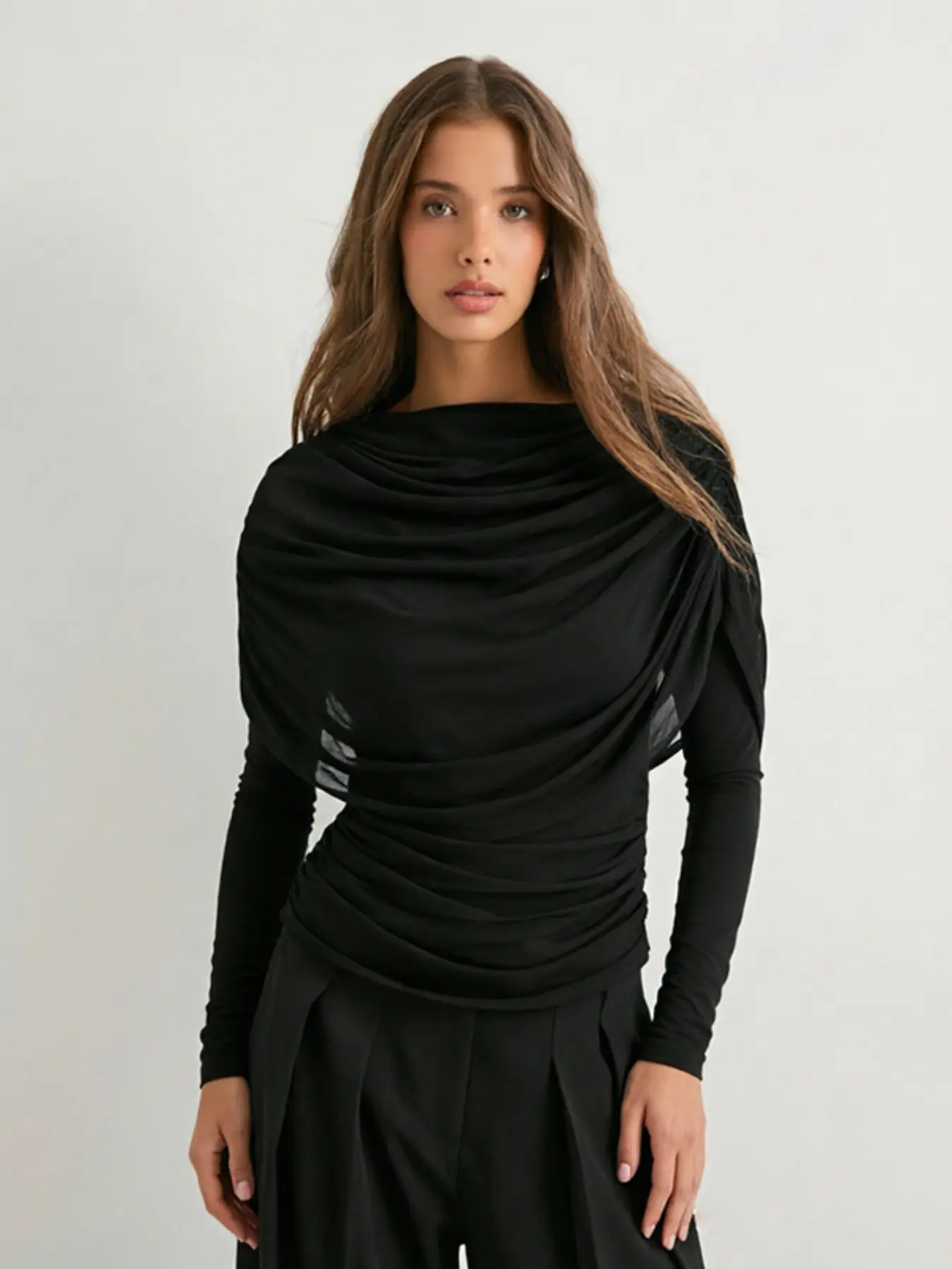 Women's Scarf Neck Pleated Slim Fit Long Sleeve Lightweight Breathable Top, Mesh Draped Shirt for Daily Outing, Casual Fashion Women's Clothing