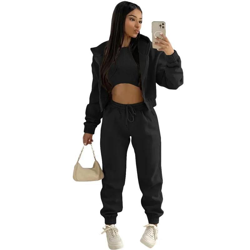 Women's Clothing Set Fleece-lined Hooded Sweater &Sleeveless Tank Top & Sports Sweatpants Pants Can be used with raincoat