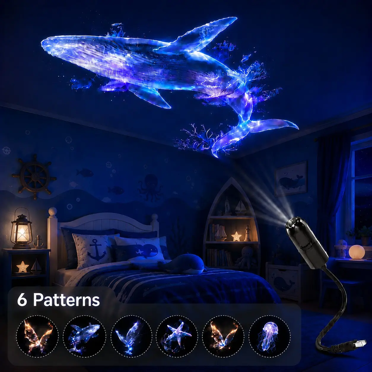 USB Ocean Projector Light, 6PCS Pattern Discs Mini LED Projection Lamp, 360° Flexible Angle, Whale Jellyfish Butterfly Starfish Room Ceiling Decor, Ambient Vibe Lights for Bedroom, Party, Bedside