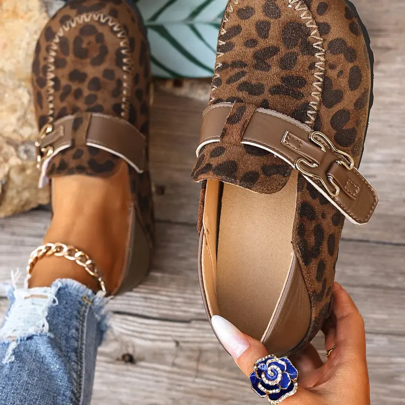 Women's Leopard Print Mules, Metal Buckle Design, Casual Retro Two-Wear Shoes, Comfortable All-Season Footwear, Fashionable Shoe Laces