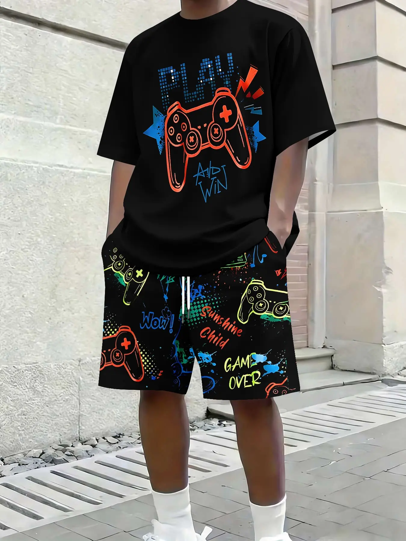 Men's Summer Gaming Suit, Short Sleeve Top with Game Controller Print, Fitted Stylish Casual Style, Two-Piece Set with Drawstring Shorts