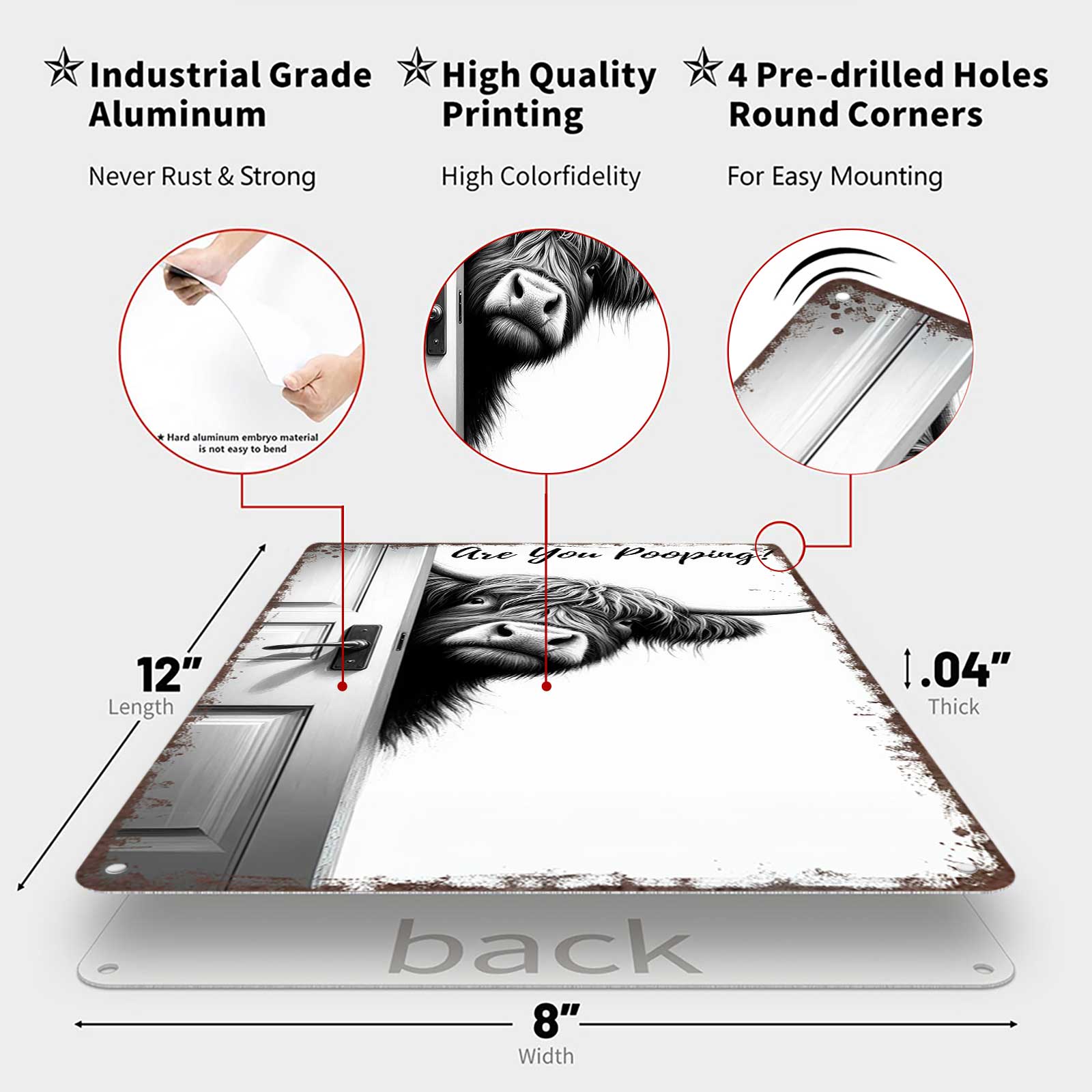 Vintage Highland Cow Aluminum Sign: Funny "Are You Pooping?"Black and White Bathroom Wall Decor for Western & Highland Cow Lovers 8 x 12 Inch Decorative Plaquebedroom decor