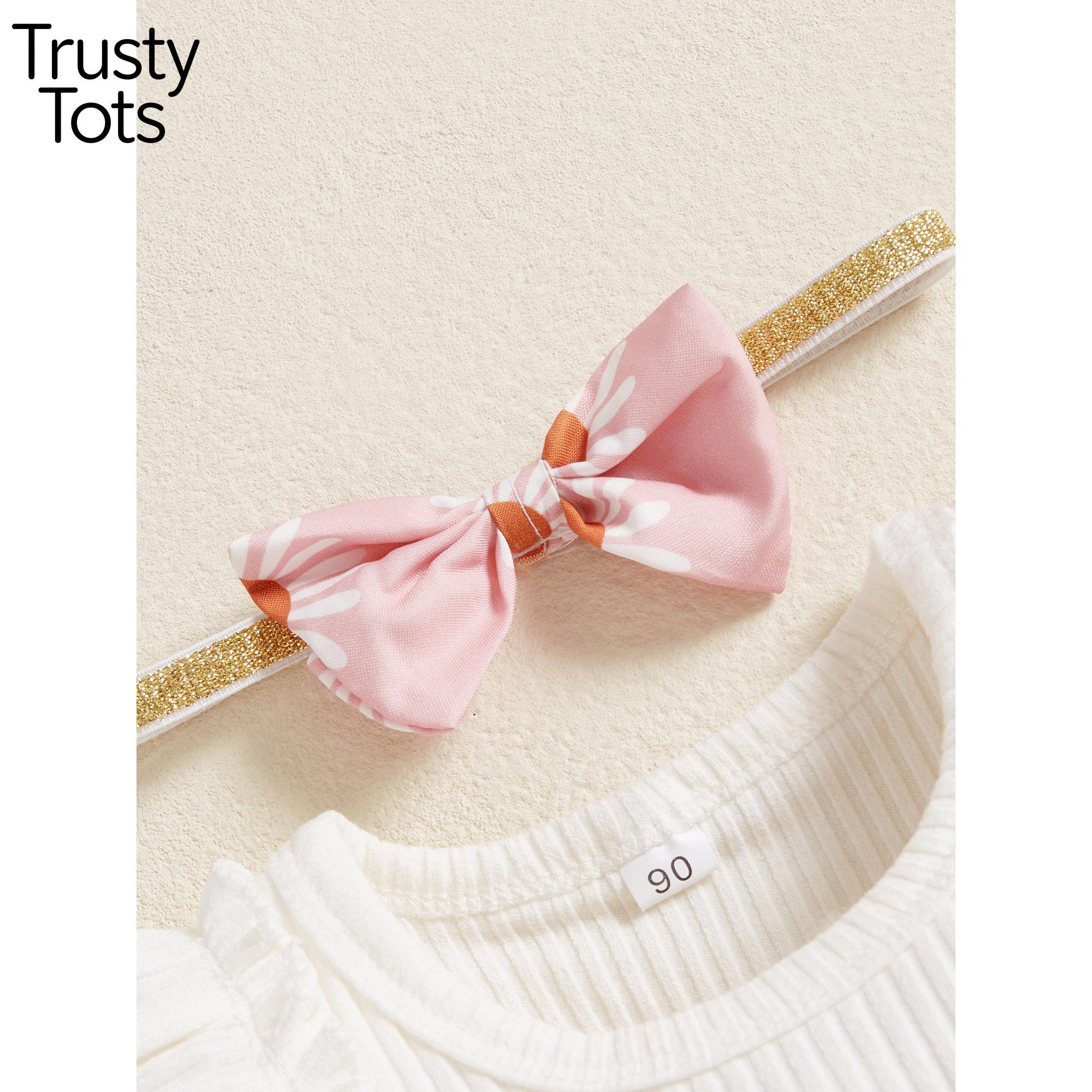 Trusty Tots  Baby Girls Summer Outfit Sets Ruffle Sleeve Ribbed Romper + Floral Culottes + Headband 2026 Summer Lace cod Set New Style Sweet Slim-fit Fashion Vest Lace Children Summer New