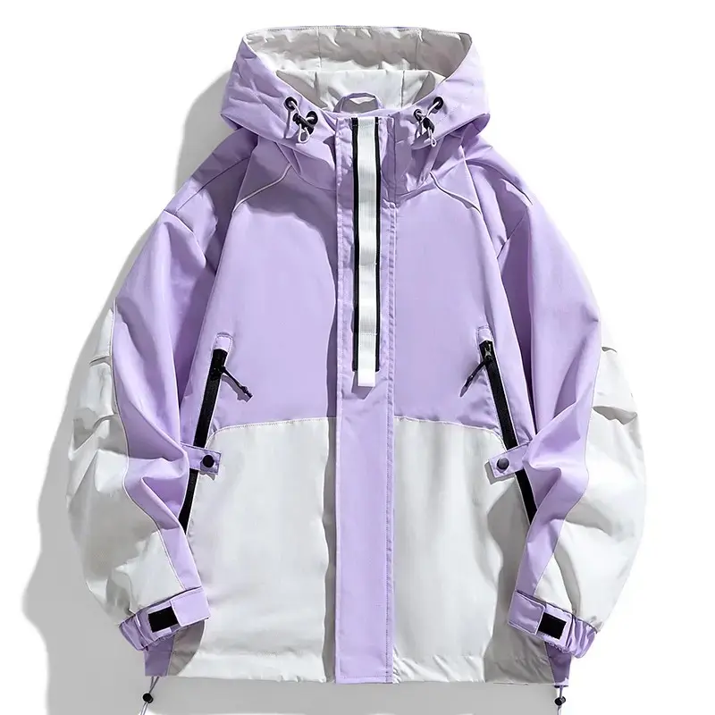 Women's Pastel Color Block Techwear Jacket - Harajuku Style Hooded Windbreaker, Waterproof Outdoor Sports Coat with Utility Pockets for Skiing & Hiking