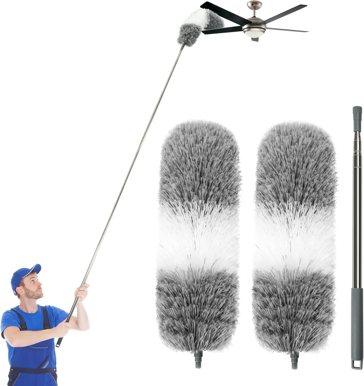 Microfiber Feather Duster for Cleaning, Extendable Duster with Telescopic Pole and 2 Replaceable Flexible Heads, Dust Removal Tool Suitable for Ceiling Fans, Furniture, Cars, Home and Kitchen Gadgets