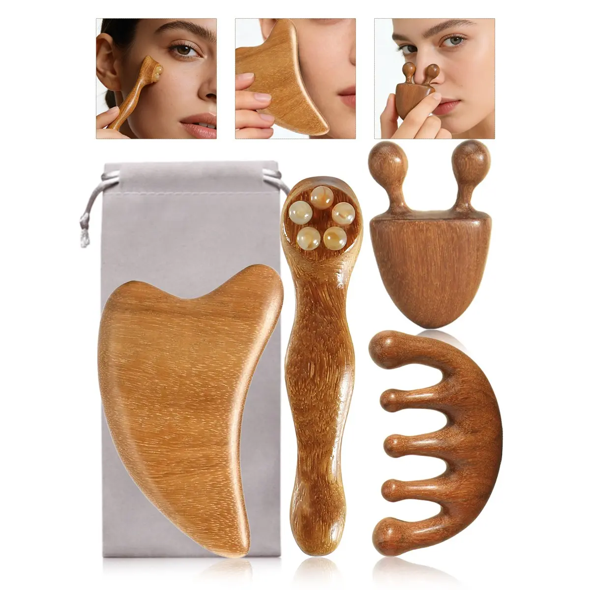 4pcs Agarwood Massage Comb Set, Facial and Head Scraping Tools, Muscle Relaxation Kit, Gift Bag Included, Beauty and Wellness Accessories