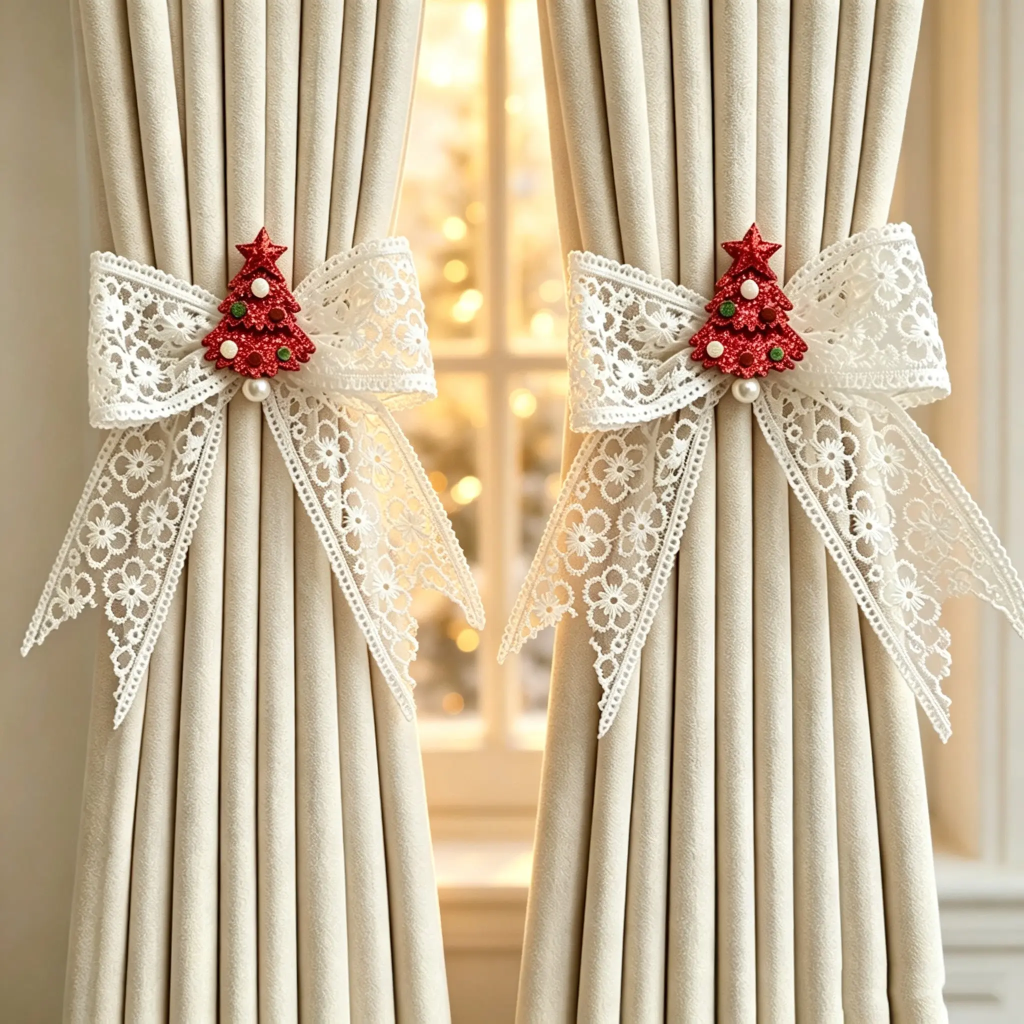 2-Pack Handmade Lace Bow Christmas Style Curtain Tiebacks, No Drilling Installation, Ideal for Bedroom and Living Room Decor, Perfect for Holidays