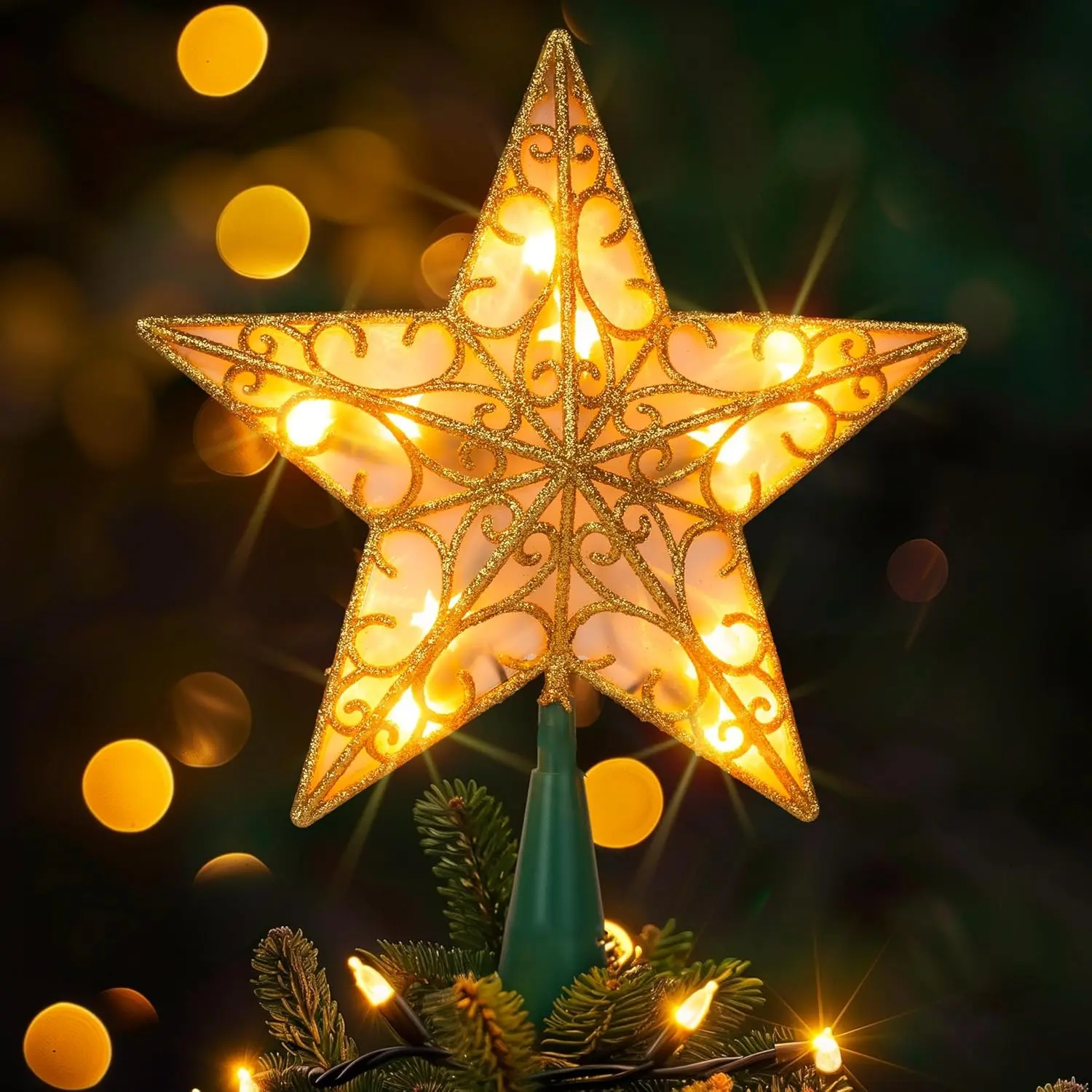 Dazzle Bright 11'' Star Tree Topper, Glitter Christmas Tree Top with 10 Lights, Xmas Tree Decoration (Gold)