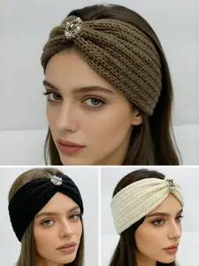 Elegant Knitted Hair Bands Set of 3, Embellished with Rhinestones, Thickened Warmth, Fall & Winter Commuter Accessories for Women