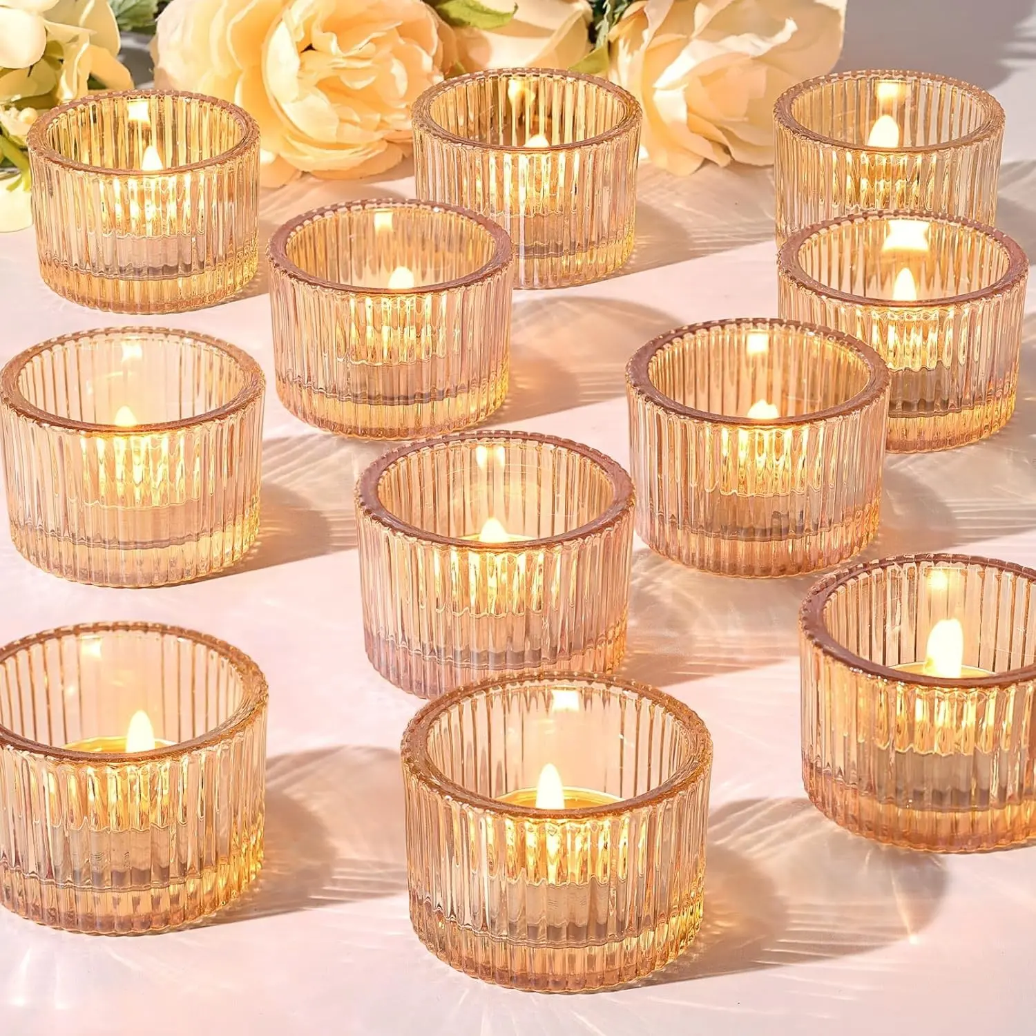 24-Pack Gold Glass Tealight Candle Holders - Bulk Pack Votive Holders for Wedding Tables, Fall Decoration, Room Ornaments, Home Supplies