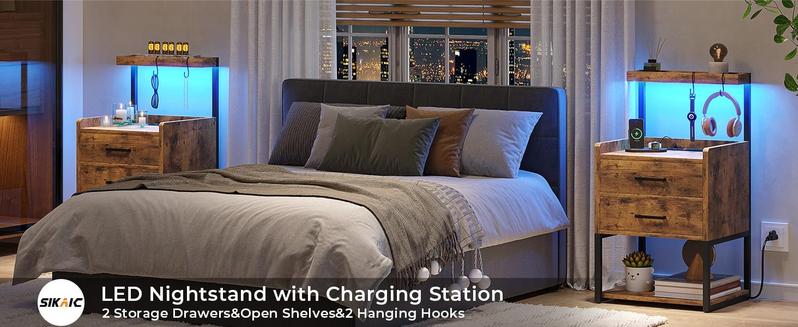 Sikaic LED Nightstand with Charging Station Brown Wood Bedside Table 2 Drawers 2 USB Ports RGB Lights for Bedroom Living Room Modern Storage Shelves & Hooks