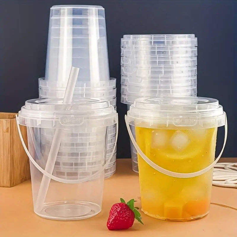 Large Capacity Shareable Drink Bucket, Transparent Disposable Bucket with Seal Lid and Handle, Ideal for Outdoor Events and Parties, Party Pack, Festival Party Supplies