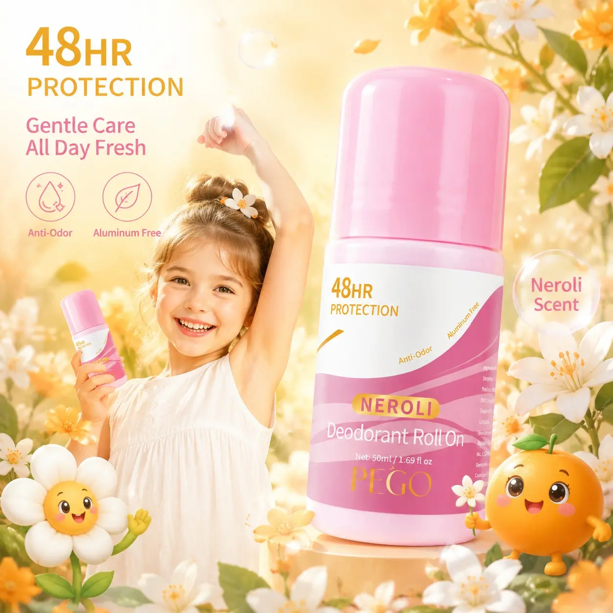 Teen Deodorant,Children Roll-On Deodorant, Neroli Scent, Aluminum-Free Alcohol-Free, Underarm Sweat & Odor Control, Pocket-sized Roll On for Students Sports Use, Gentle for Sensitive Skin, Remove Unpleasant Sweat Smell, 50ML