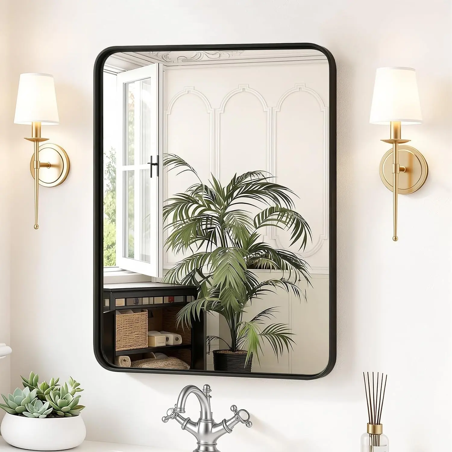 30x22 Inch Black Bathroom Wall Mirror for Over Sink, Modern Rounded Rectangle Vanity Mirror with Matte Brushed Metal Frame, Wall Mounted for Home Decor Living Room BedroomGift
