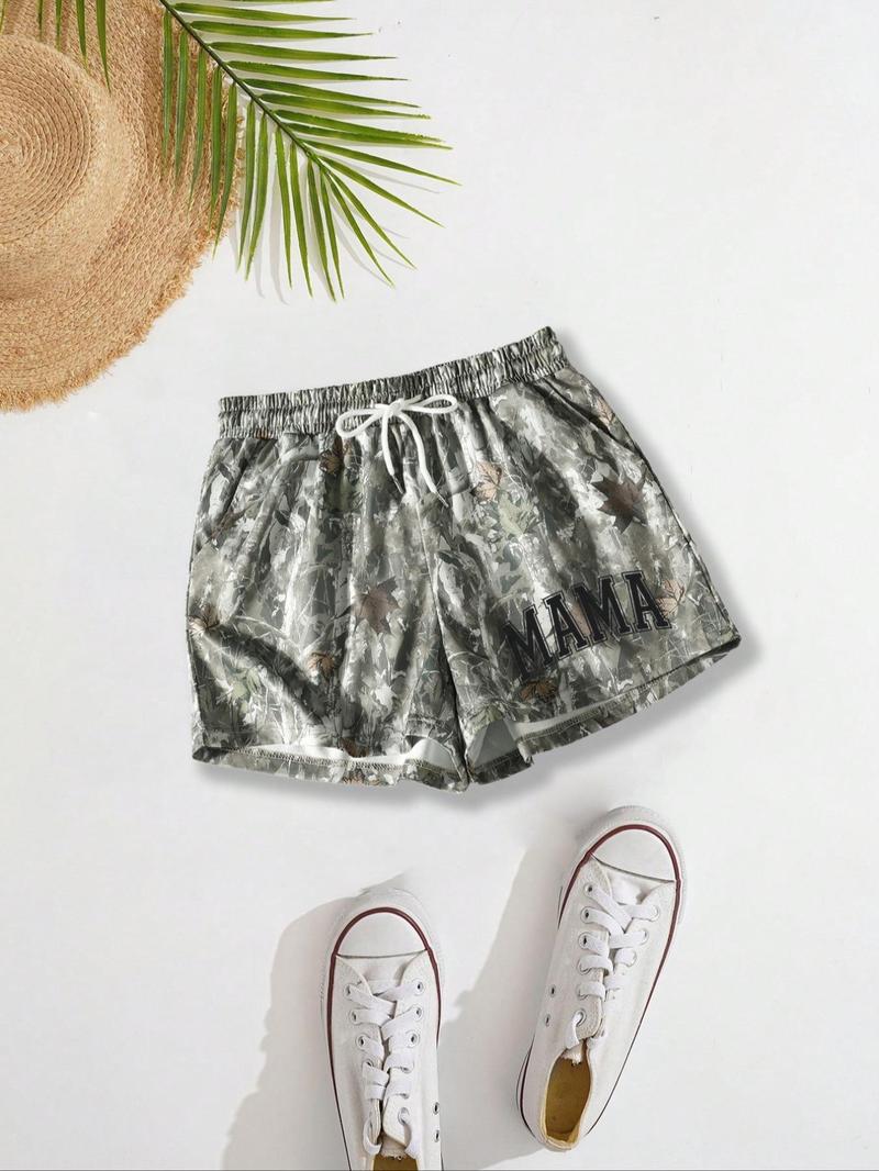 Women's Letter Print Drawstring Waist Shorts, Casual Elastic Waist Pocket Shorts for Summer, Ladies Bottoms for Daily Wear