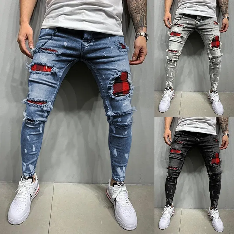 Men's Graphic Tribal Paint Splatter Denim Cotton Jeans - Slim-Taper Leg, Ripped Edges, Distressed Hip, Stylish Casual Fashion Apparel for Sneakers Pairing