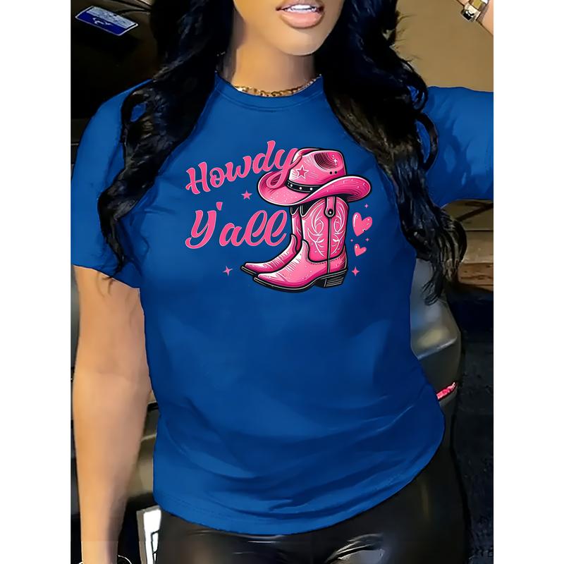 100% Cotton Women's Printed T-Shirt - Pink Western Short Sleeve Top with Cowboy Boots and Horseshoe Design, Soft Breathable Round Neck Casual Shirt, Suitable for Spring, Summer, and Autumn, Country Music Festival Outfit