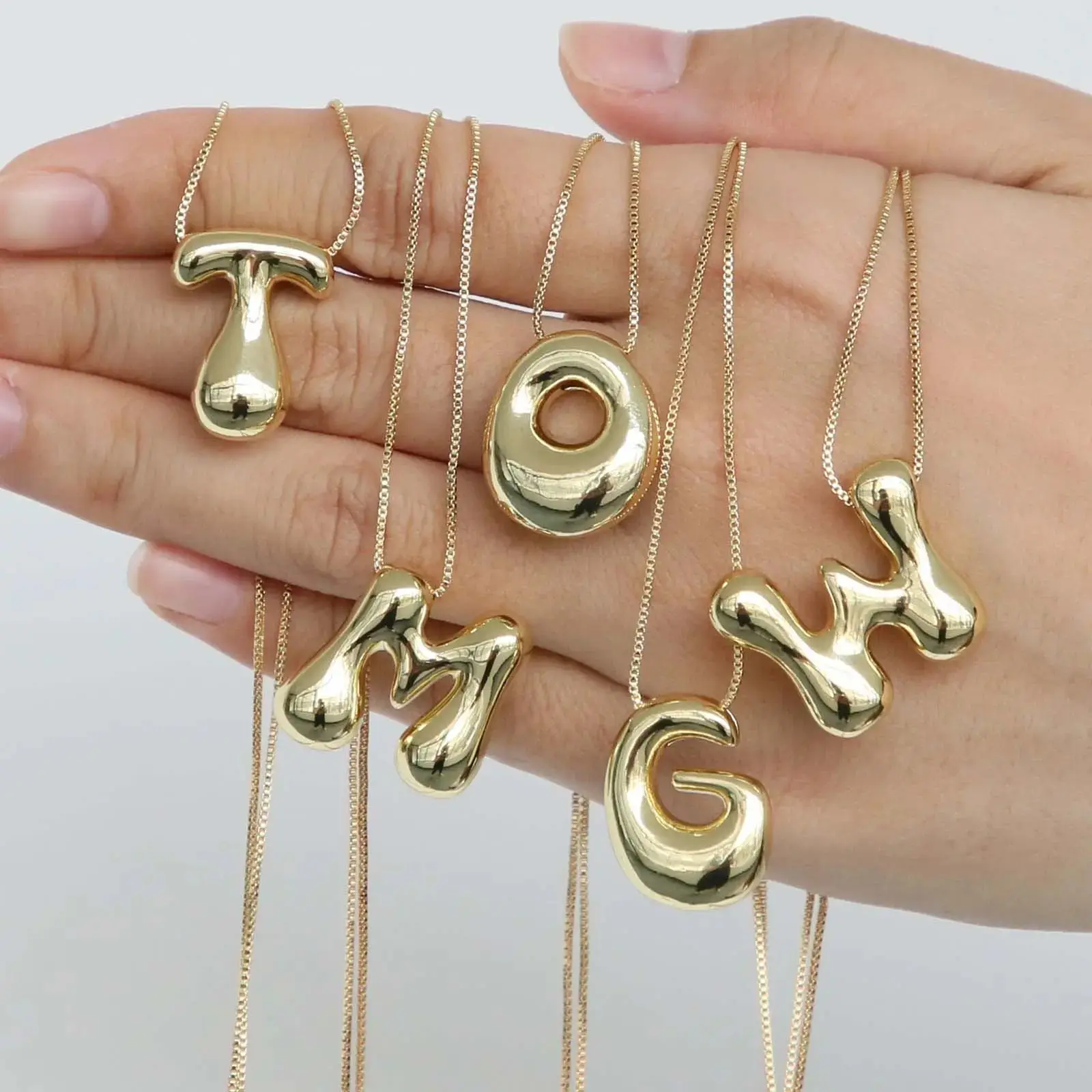 Titanium Steel Alphabet Letter Necklace, Golden Smooth Bubble Chubby Cute 26-Letter Pendant, Simple Fashionable Gold Artificial Gemstone Necklaces & Pendants, Gift for Daily Wear