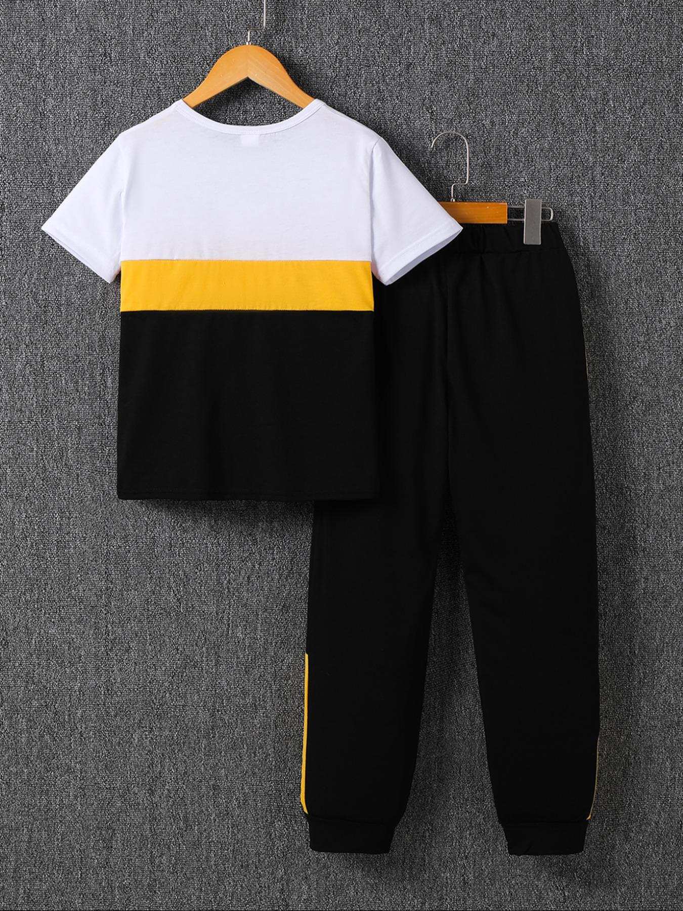 Boy's Letter Print Tee & Side Stripe Sweatpants Set, Round Neck Set, Colorblock Short Sleeve T-shirt & Jogger Pants, Casual Summer Outfits Clothes for Kids Children, Kids Athletic Clothing, Striped Sets, Youth Kits