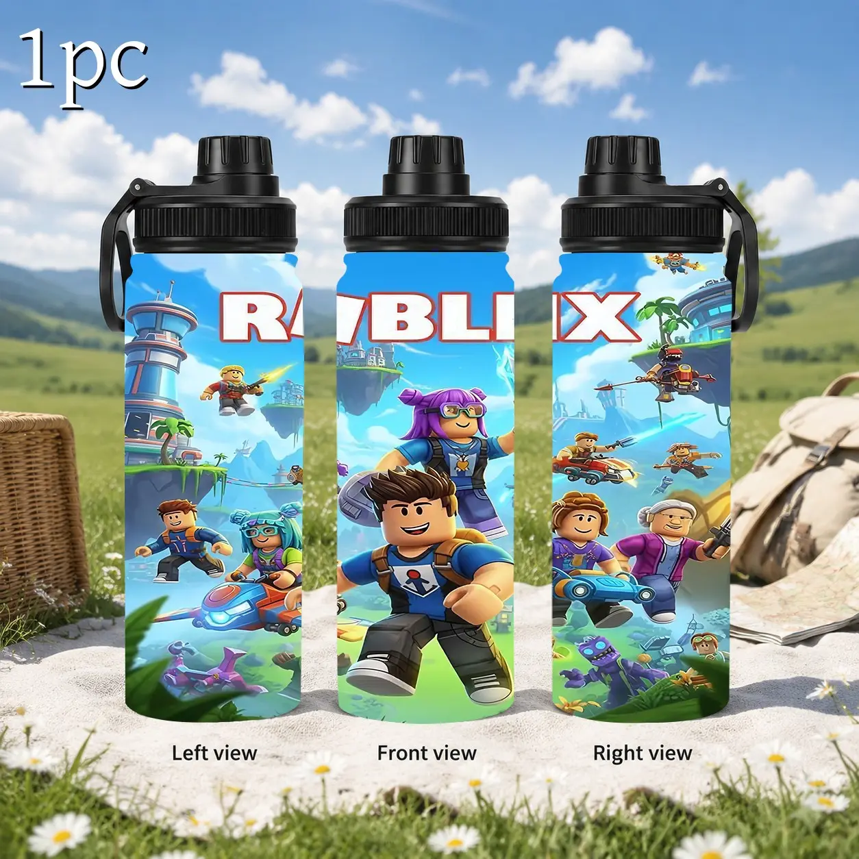 1pc 20/32oz Large Capacity Handle‑Lid Insulated Sports Bottle, 2D Colorful Cartoon Block Game Character Collage Print Stainless Steel Water Bottle, Portable Leak‑Resistant Cup For Outdoor Travel  Daily Use, Birthday Present For Boys & Girls