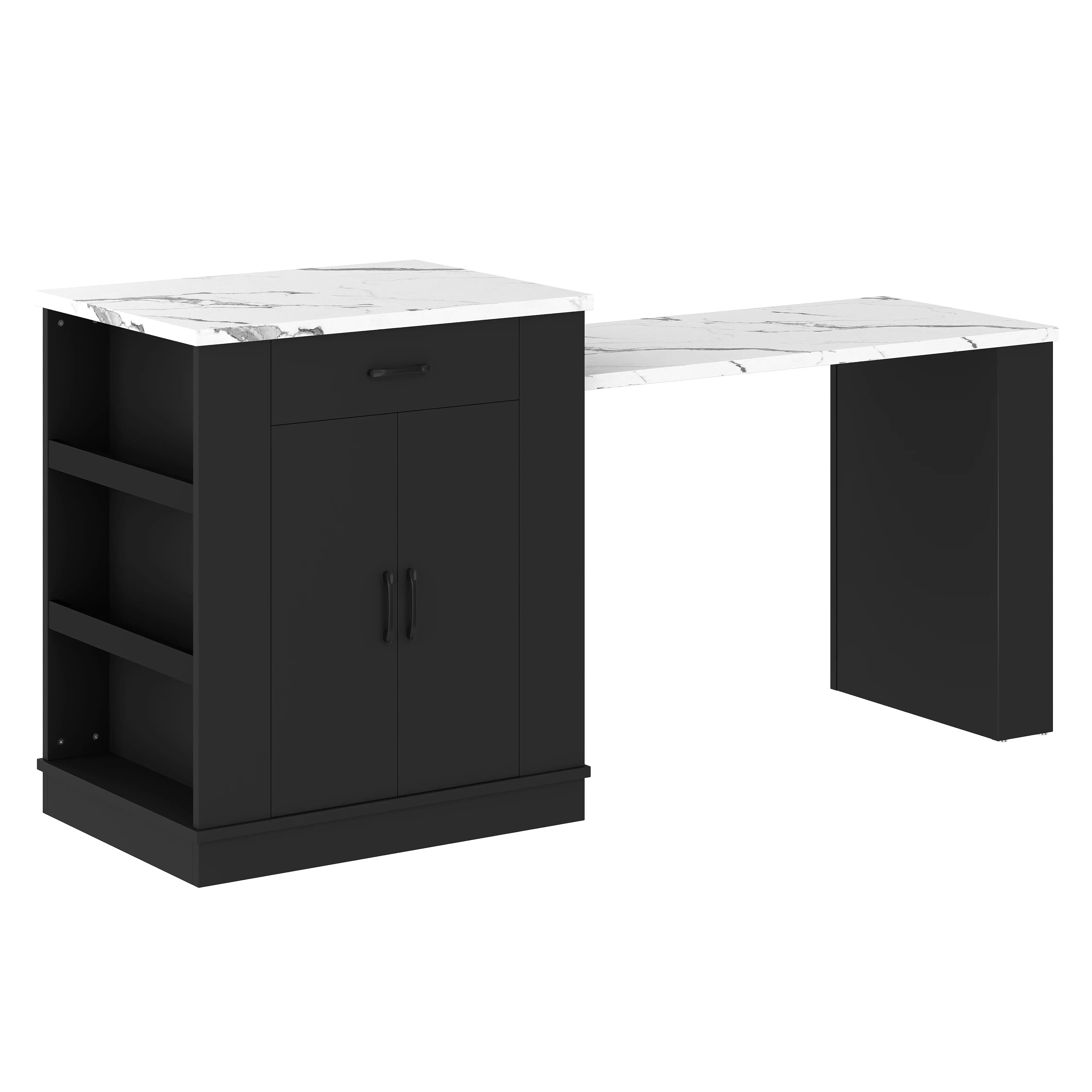 Modern Rectangular Telescopic Adjustable Kitchen Island Console - Indoor Cupboard Furniture with Handle, Drawers, Double-Door Cabinet, Multi-Level Open Shelving, Large Storage, Dual-Purpose Dining Table, Assembly Required, Requires No Fire Safety Label