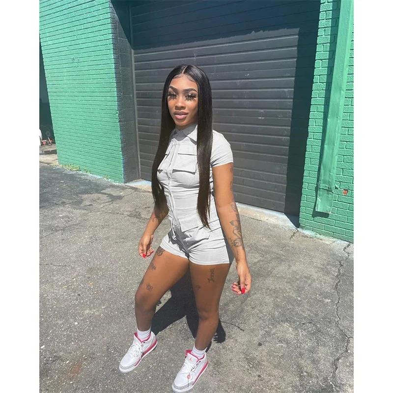 Streetwear Zipper Pockets Shorts Jumpsuit Women Clothing Short Sleeve Skinny Cargo Playsuit Summer Casual Pieces Romper