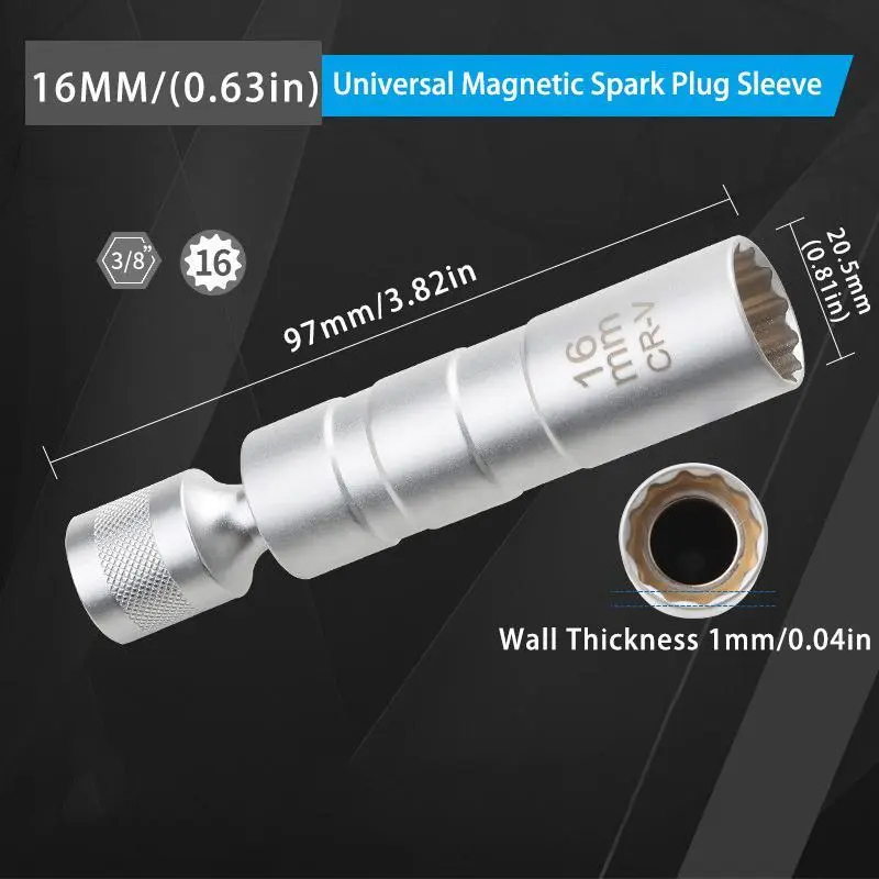 1pc 14mm/16mm Spark Plug Socket Wrench Magnetic 12 Angle Repairing Removal Tool Thin Wall 3/8 Inch Drive Sockets Auto Repair Tool