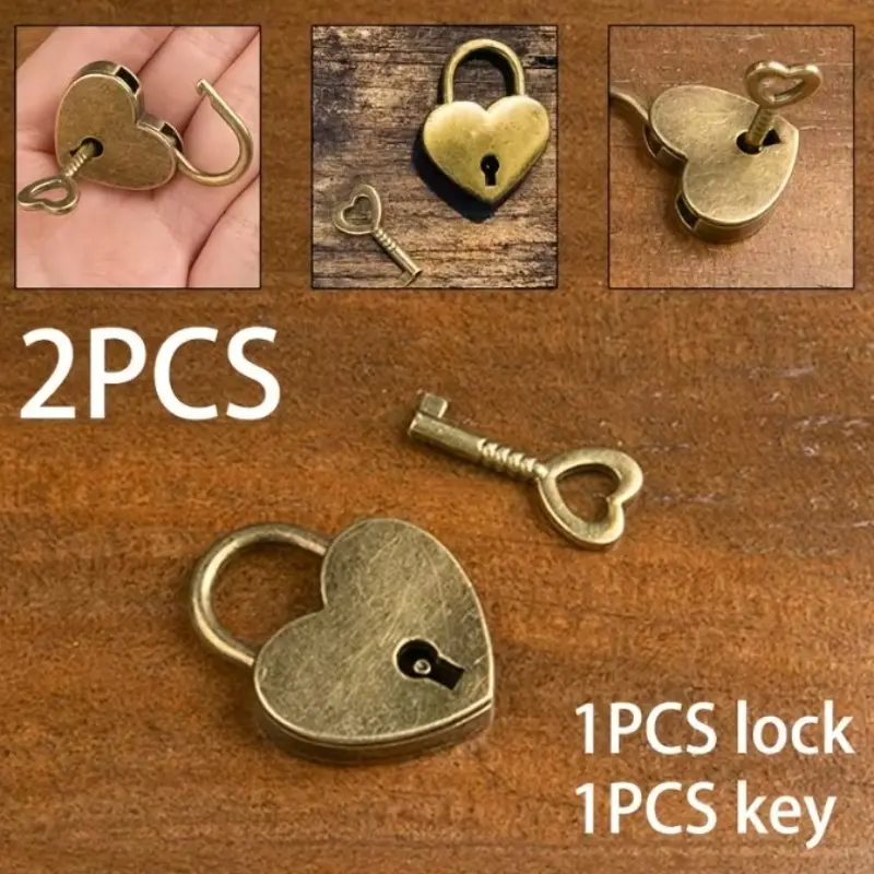 2-Pack Retro Heart Mini Locks, Keychain Drawer Locks, Door Locks for Dorms, Small Home Use, Backpack Lock Clips, Ethnic Pattern, Compact, Vintage Touch