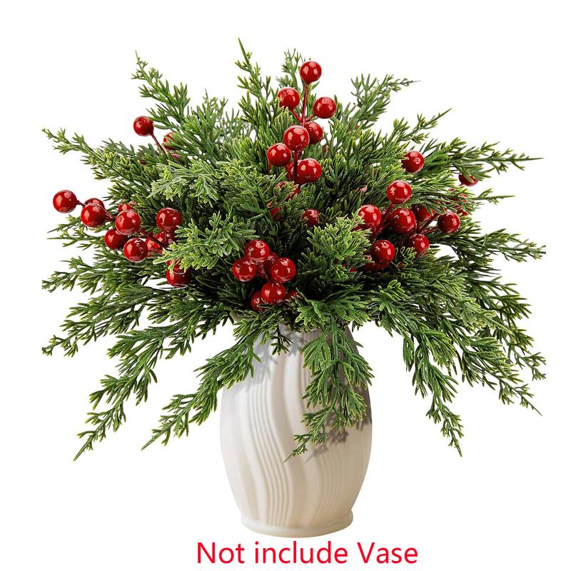 45 Pcs Christmas Artificial Pine Branches with Red Berry Stems- 10.5" Faux Evergreen Norfolk Pine Cypress Leaves Stems- Fake Foliage Pine Needles Picks for DIY Craft Garland Home Decor