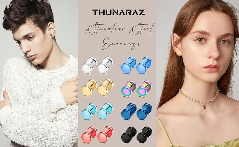 THUNARAZ 8 Pairs Unisex Rainbow Piercing Plugs Dot Earrings For Men Women Stainless Steel Jewelry Accessories Tunnel Punk Style Stud Earrings Fake Gauge Screwback Earrings 6/7/8mm Fashionable men's earrings non tarnish jewelry for Christmas Gift