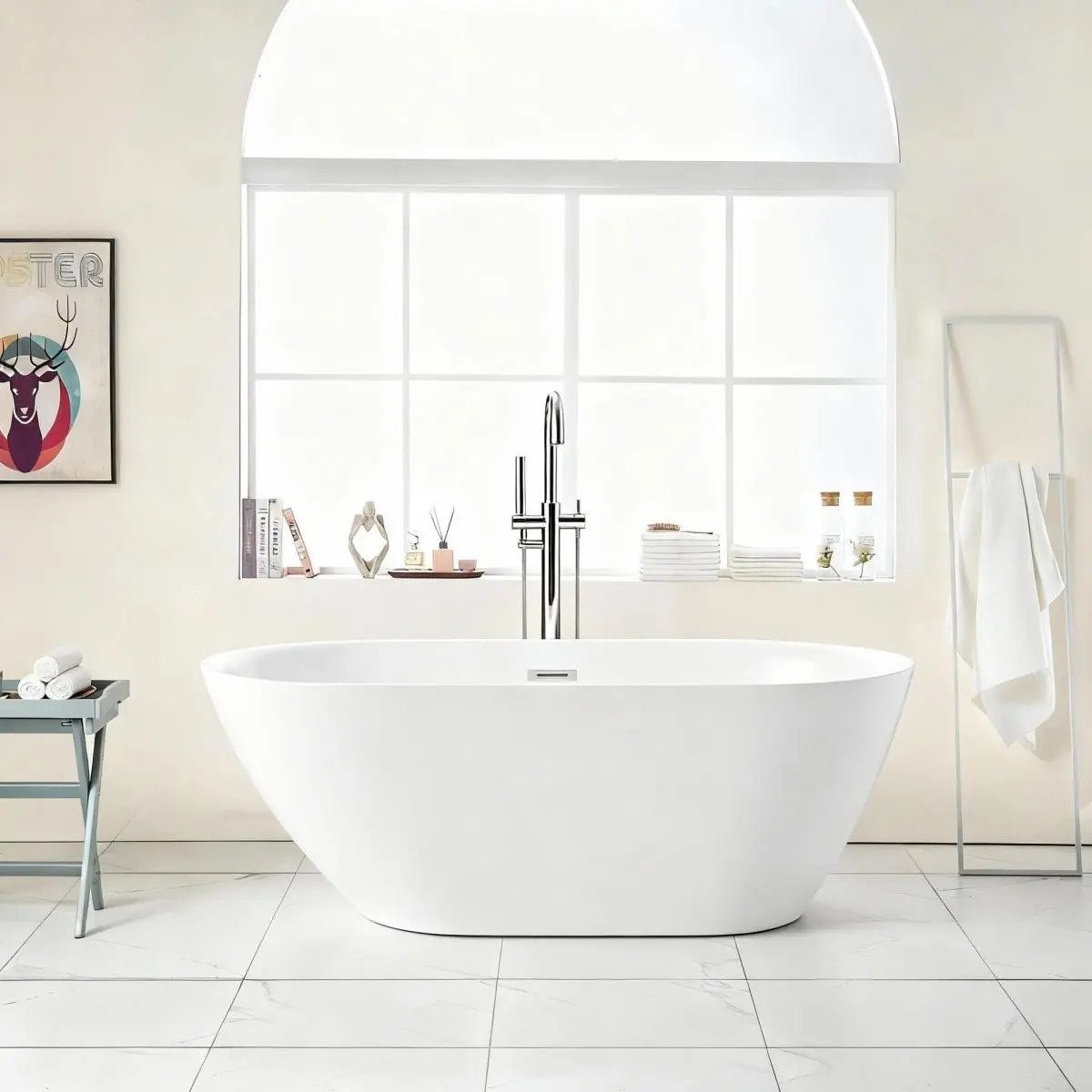 59" Acrylic Freestanding Bathtub Stand Alone Soaker Tub, Glossy White Acrylic, POP-UP Chrome Drain