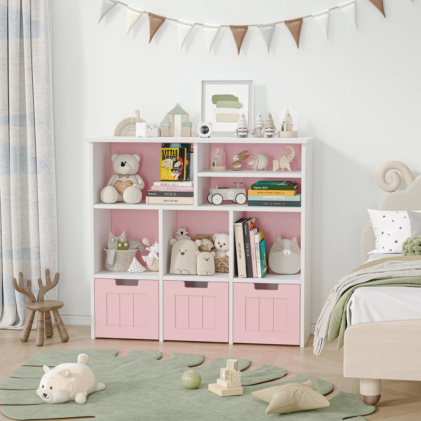 Kids 3-Tier Storage Cabinet with Doors - Wooden Cabinet with 3 Movable Drawers, 6 Storage Cubbies, Hidden Wheels - Multi-Functional Bookcase for Bedroom, Playroom, Nursery, White Pink