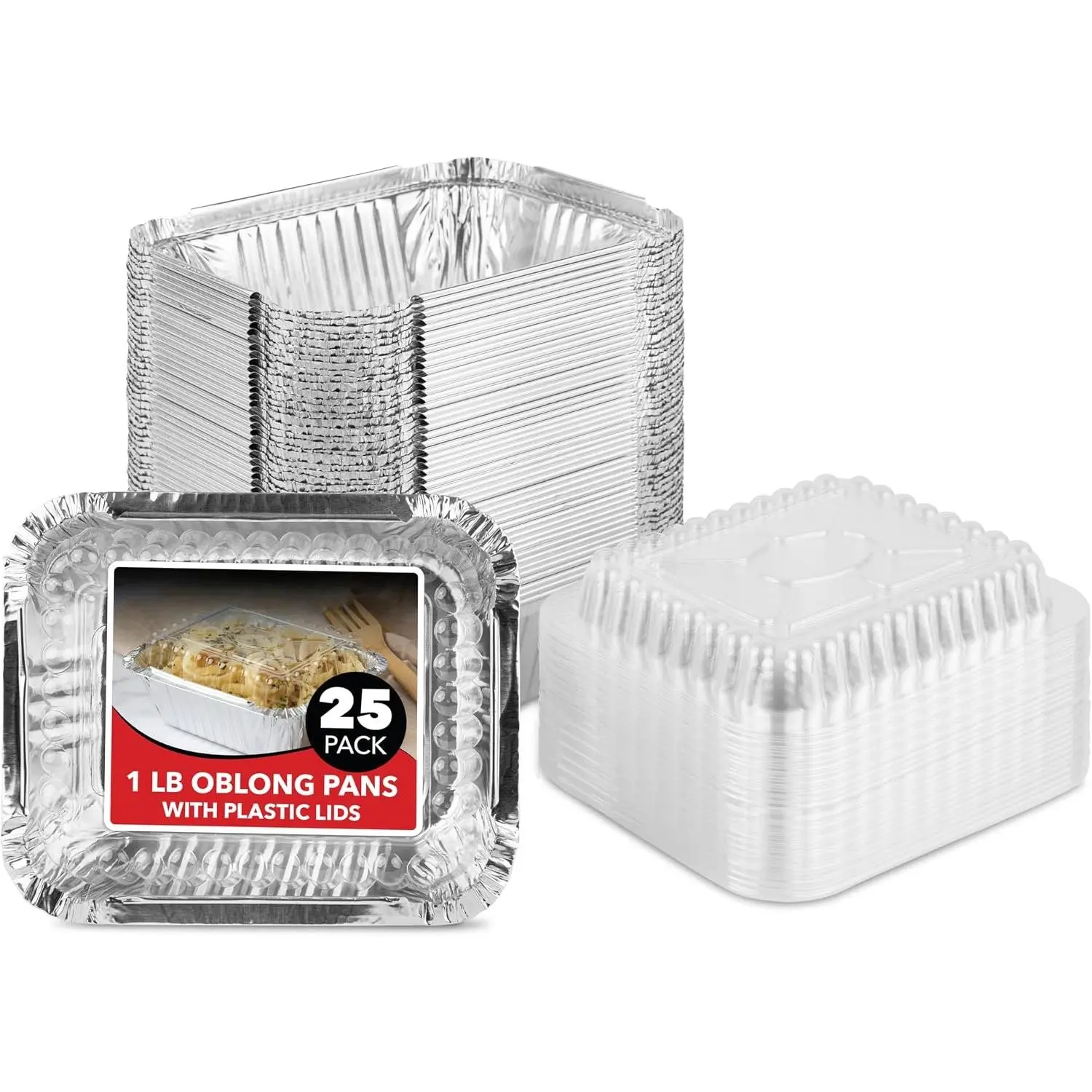 1 lb Small  Pans with  (25 Pack), Foil Pans with Clear Plastic , Disposable Cookware & Takeout Trays for Restaurants & Catering