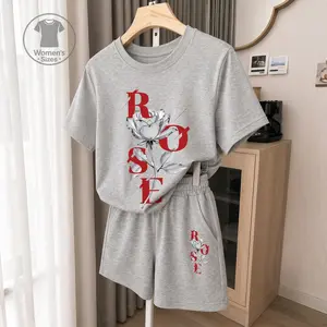 Women’s Rose Graphic 2 Piece Lounge Set, Short Sleeve Tee with Drawstring Shorts, Relaxed Fit Summer Matching Outfit for Casual Home Wear, Vacation, Weekend Style and Everyday Comfort