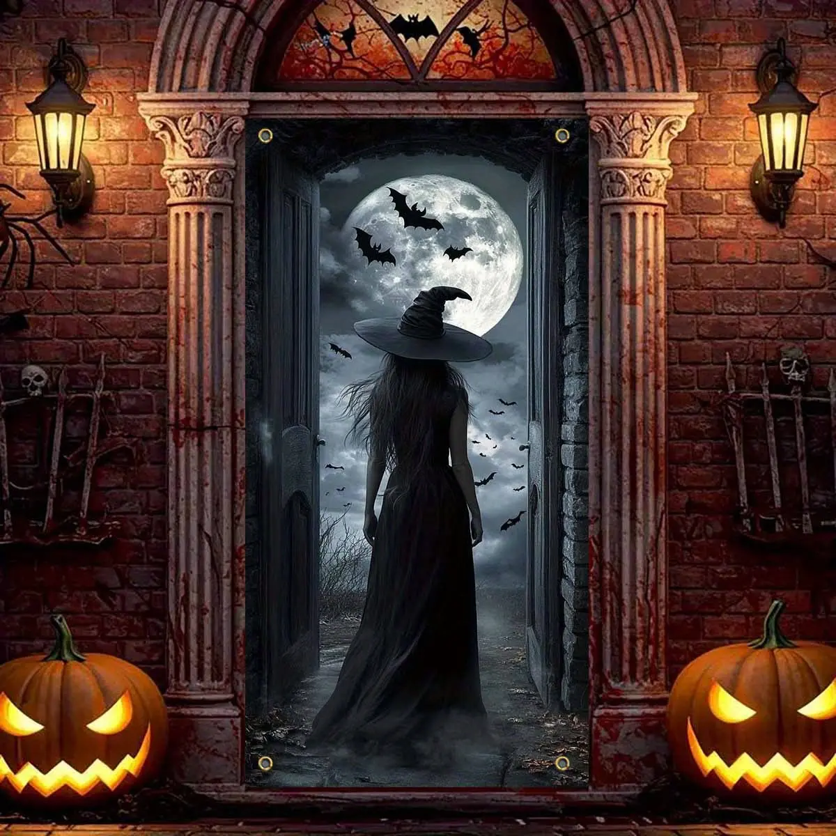 2D flat doorplates, 2D door decoration banners, 1 Gothic-style witch and bat moonlit night scene door decoration - featuring bat and haunted house patterns for a spooky Halloween decoration - durable polyester fabric curtain, kdj