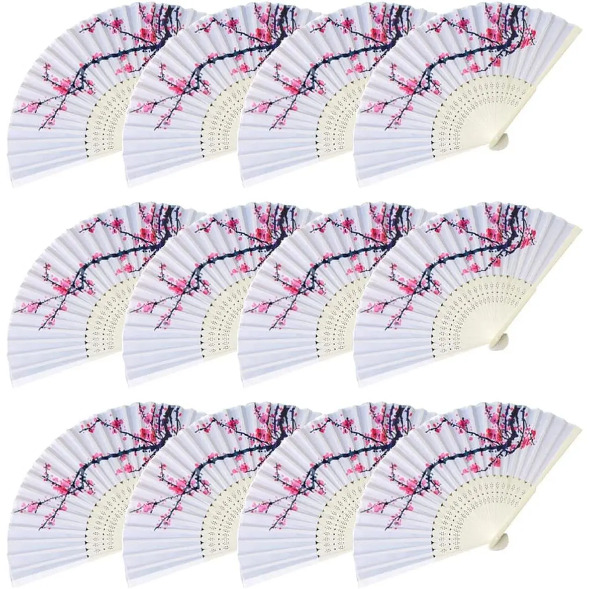 12Pcs Delicate Cherry Blossom Folding Hand Fan Japanese Chinese Decor Fan Paper Fans Party Performance Dancing Wedding Decorations Favors Gifts