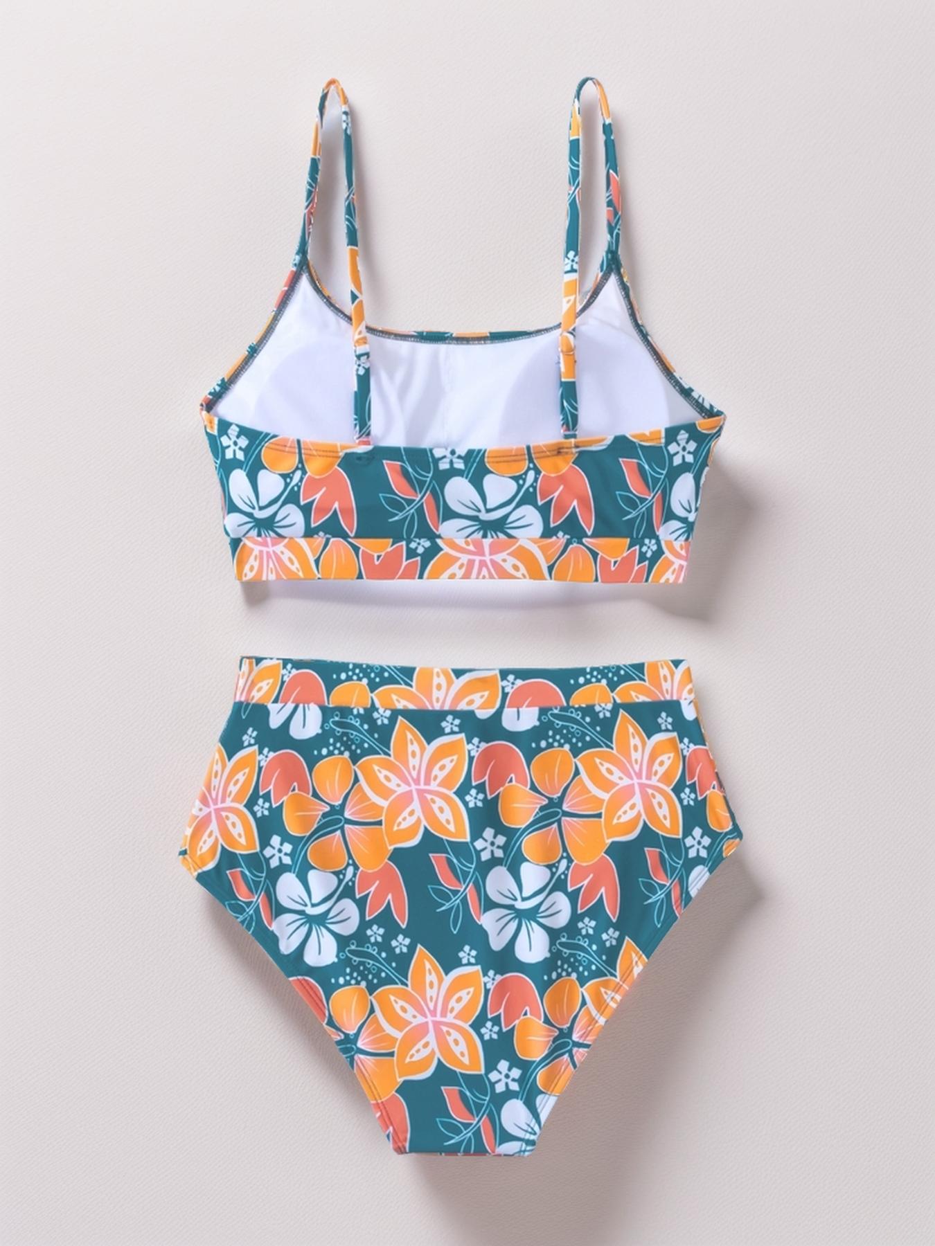 Two-piece Set Women's Floral Print Swimsuit Set, Summer Clothes Women, Casual Adjustable Strap U Neck Swim Top & High Waist Swim Bottoms, Women's Swimwear for Summer, Floral Bikini Sets
